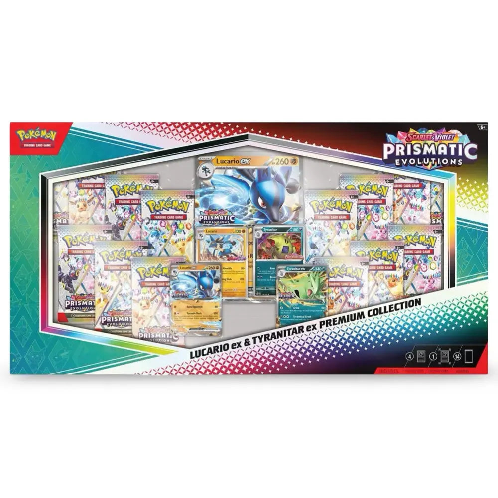 Pokémon Prismatic Evolutions Lucario ex & Tyranitar ex Premium Collection Box (Englisch)